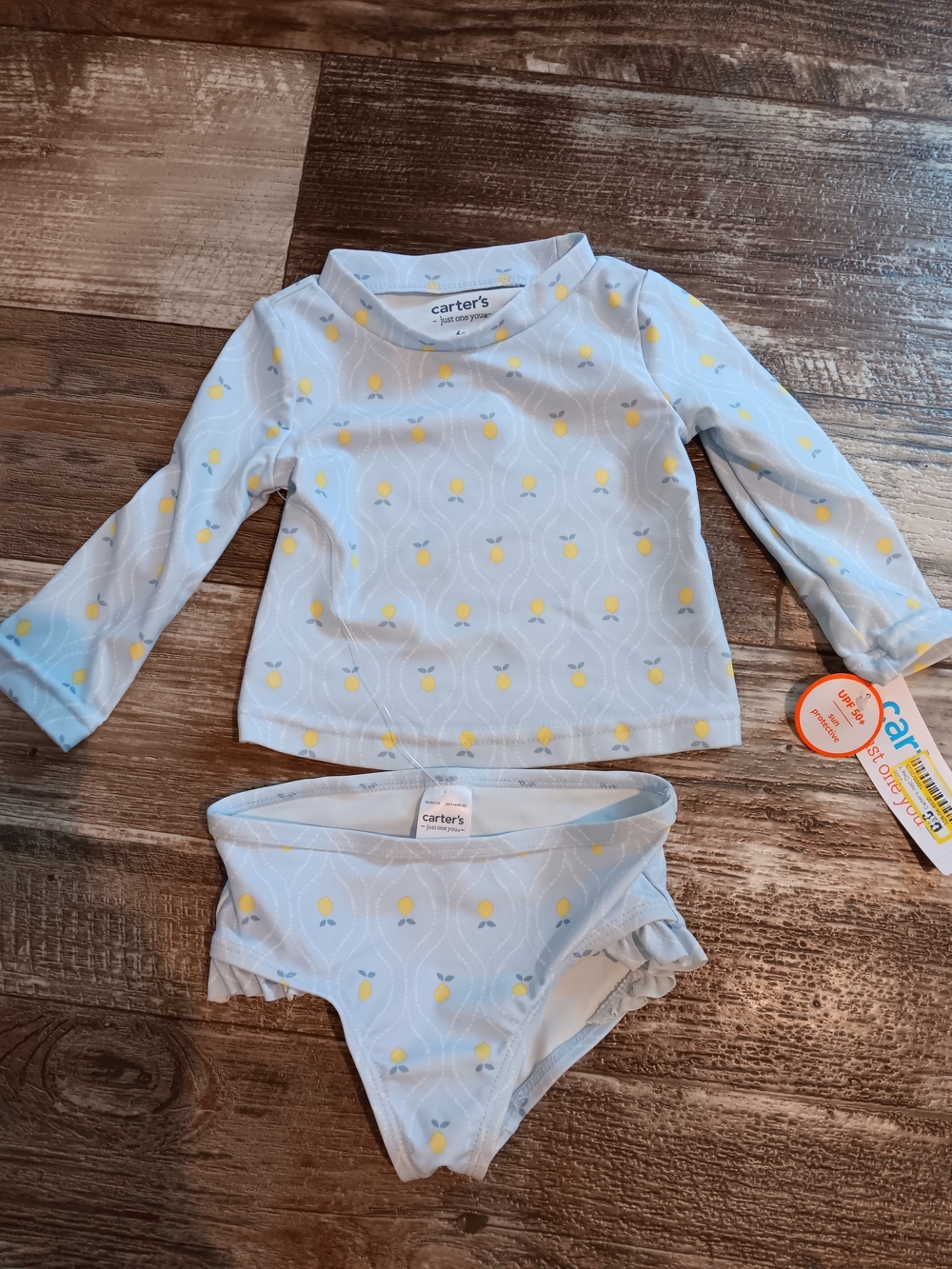 Carter's Light Blue Rash Guard Swim Set with Yellow Lemon Print Size 6m